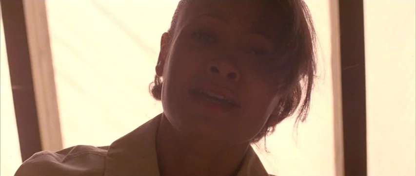 The Truth About Charlie (2002) movie still: closeup — A woman stands in a brightly lit interior space with a blurred, pale background. The person…