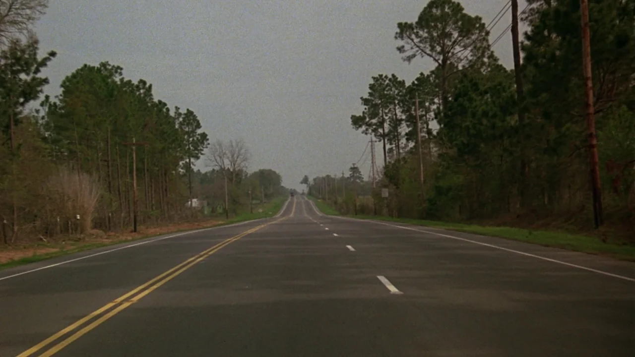 Something Wild (1986) movie still: establishing — A long, two-lane asphalt road stretches toward the distant horizon through dense pine woods.…