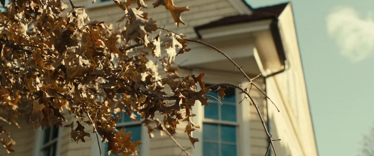 The Skeleton Twins (2014) movie still: establishing — A light-yellow two-story wooden house with a gable roof sits under a clear sky. A foreground…