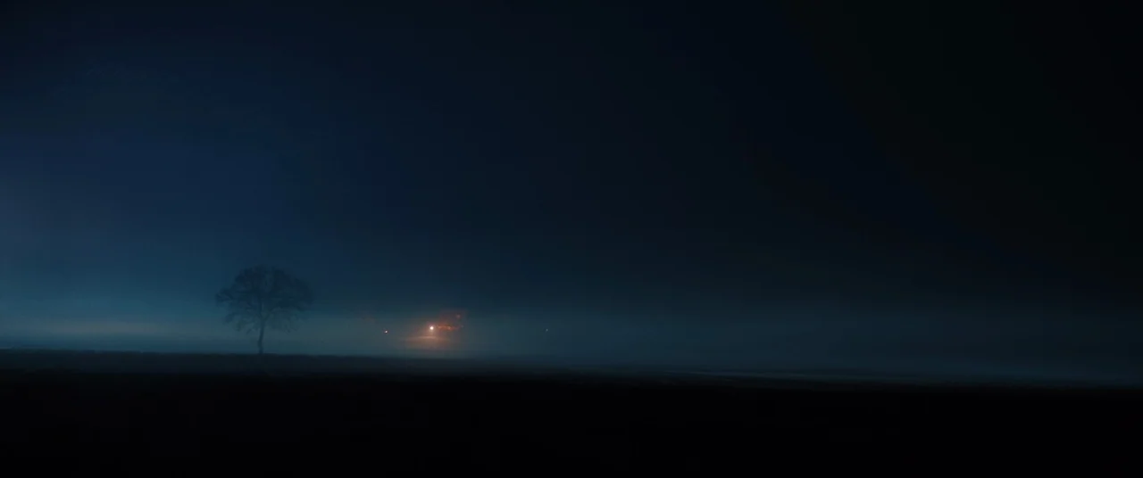 Speak No Evil (2022) movie still: establishing — A vast, dark field is covered in heavy fog under a deep blue night sky. A lone bare tree stands on…