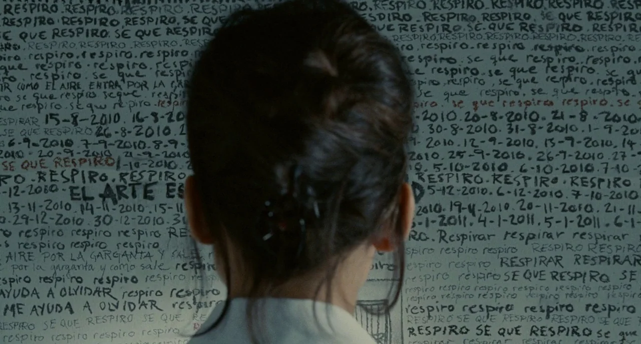 The Skin I Live In (2011) movie still: medium — A light-colored wall is completely covered in black ink text and calendar dates. A woman with dark…