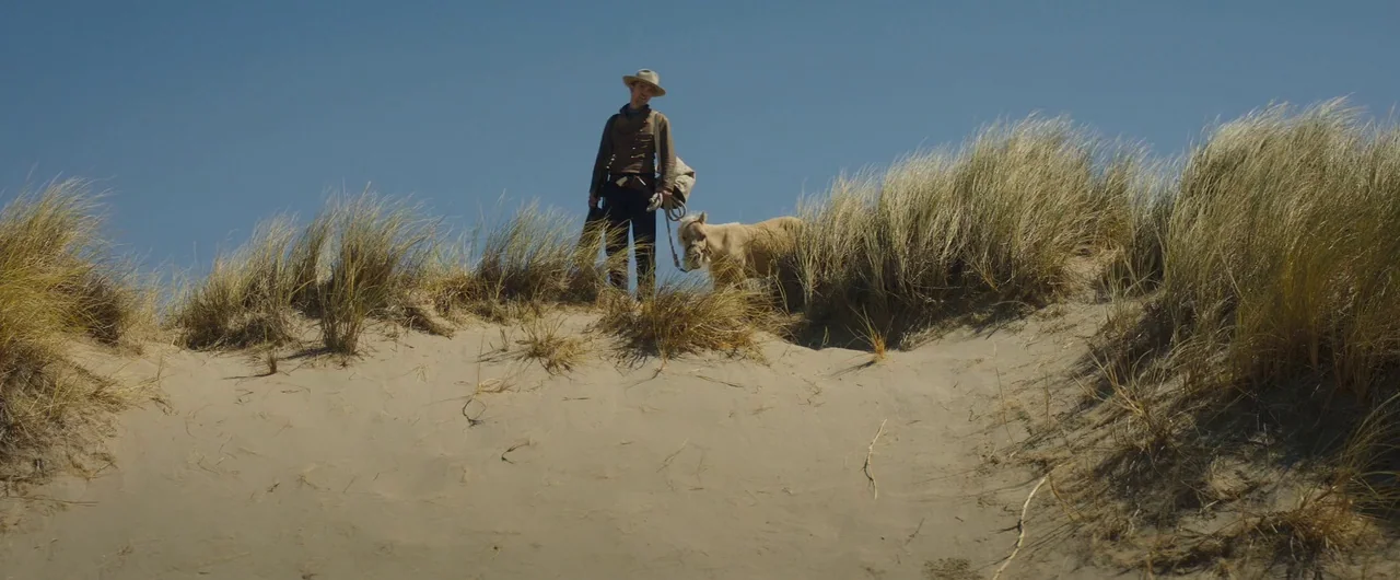Damsel (2018) movie still: fullbody — A vast sandy landscape covered in clumps of tall dune grass under a sky. A man in period attire stands on the…