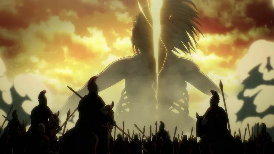 Attack on Titan (2013) movie still: wide — A vast army of soldiers on horseback faces a gargantuan humanoid entity under yellow skies. The massive…