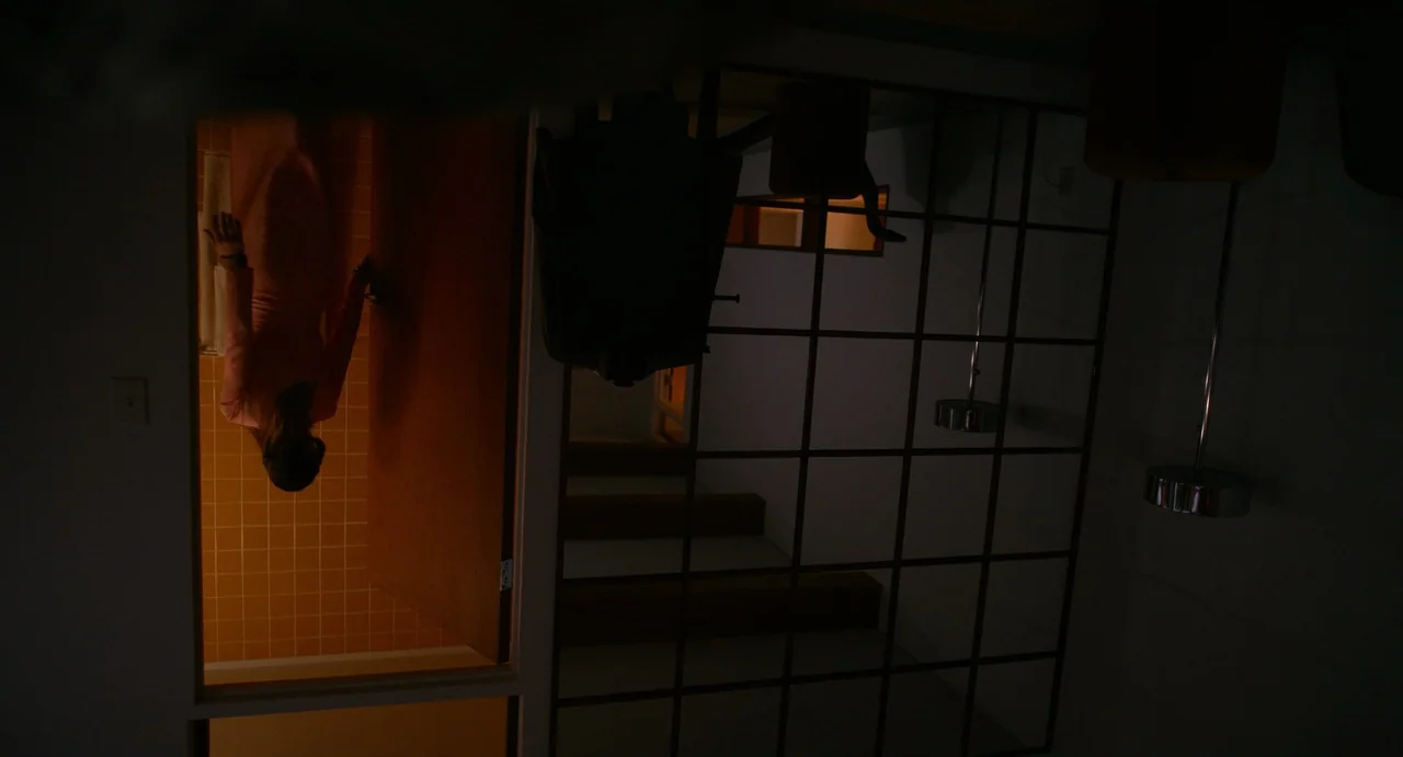 Fresh (2022) movie still: medium — A woman stands in the doorway of a tiled space looking inward. The rest of the scene is dark and shadows obscure…