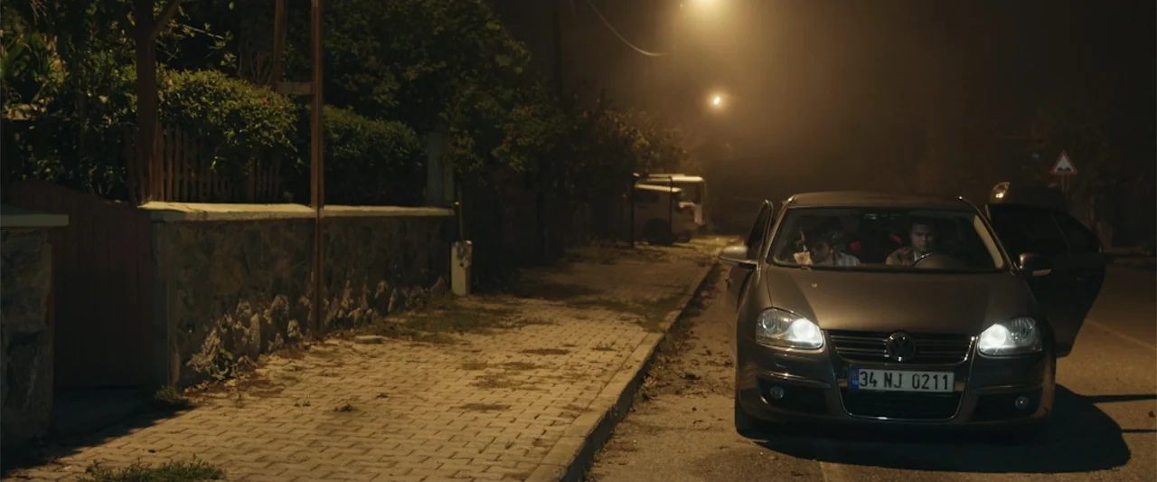 Wrong Package (2025) movie still: wide — A dark residential street at night with stone walls and dense tree foliage. Two men sit inside a grey sedan…