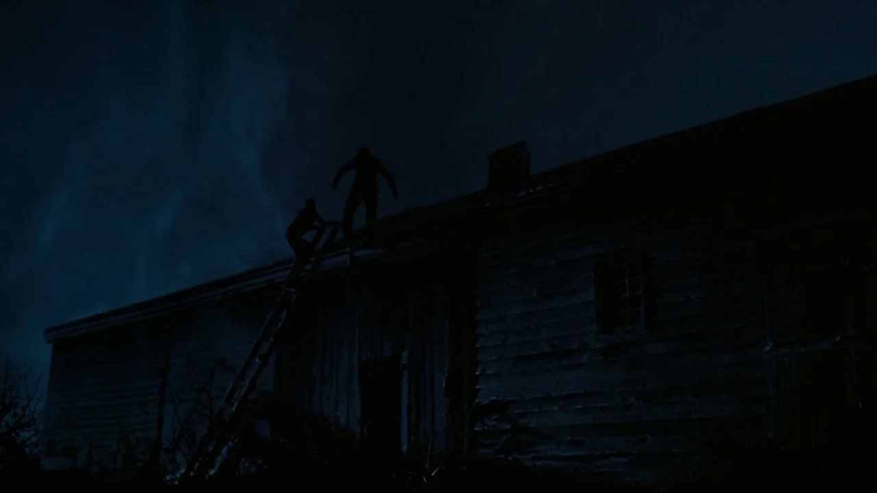 Splice (2009) movie still: wide — A dark wooden farmhouse sits under a heavy, clouded night sky. Two figures climb a ladder to the roof of the…