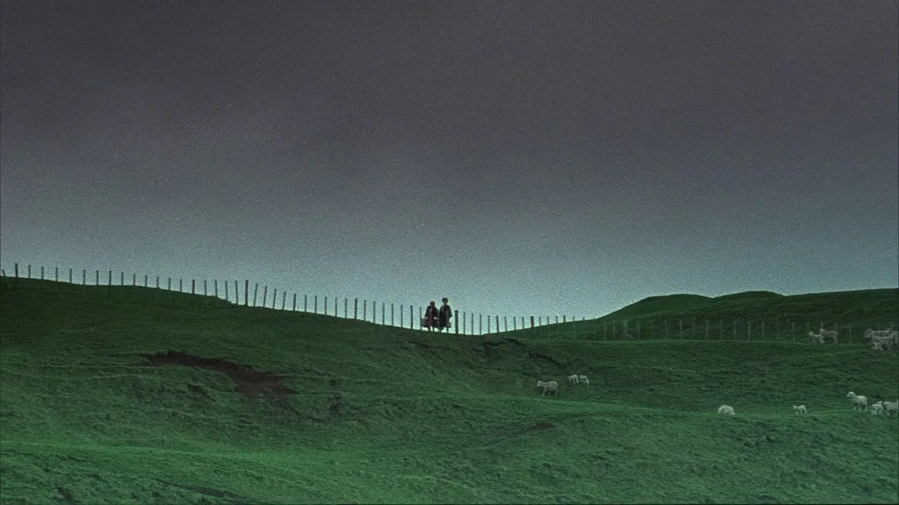 An Angel At My Table (1990) movie still: wide — A vast, rolling green pasture under a dark twilight sky. Two small figures walk together along the…