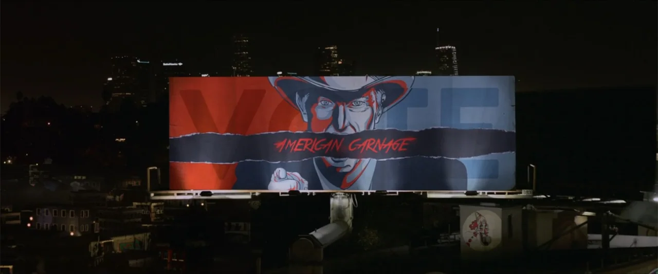 American Carnage (2022) movie still: wide — A dark urban environment at night features a large, illuminated billboard at eye level. The graphic on…