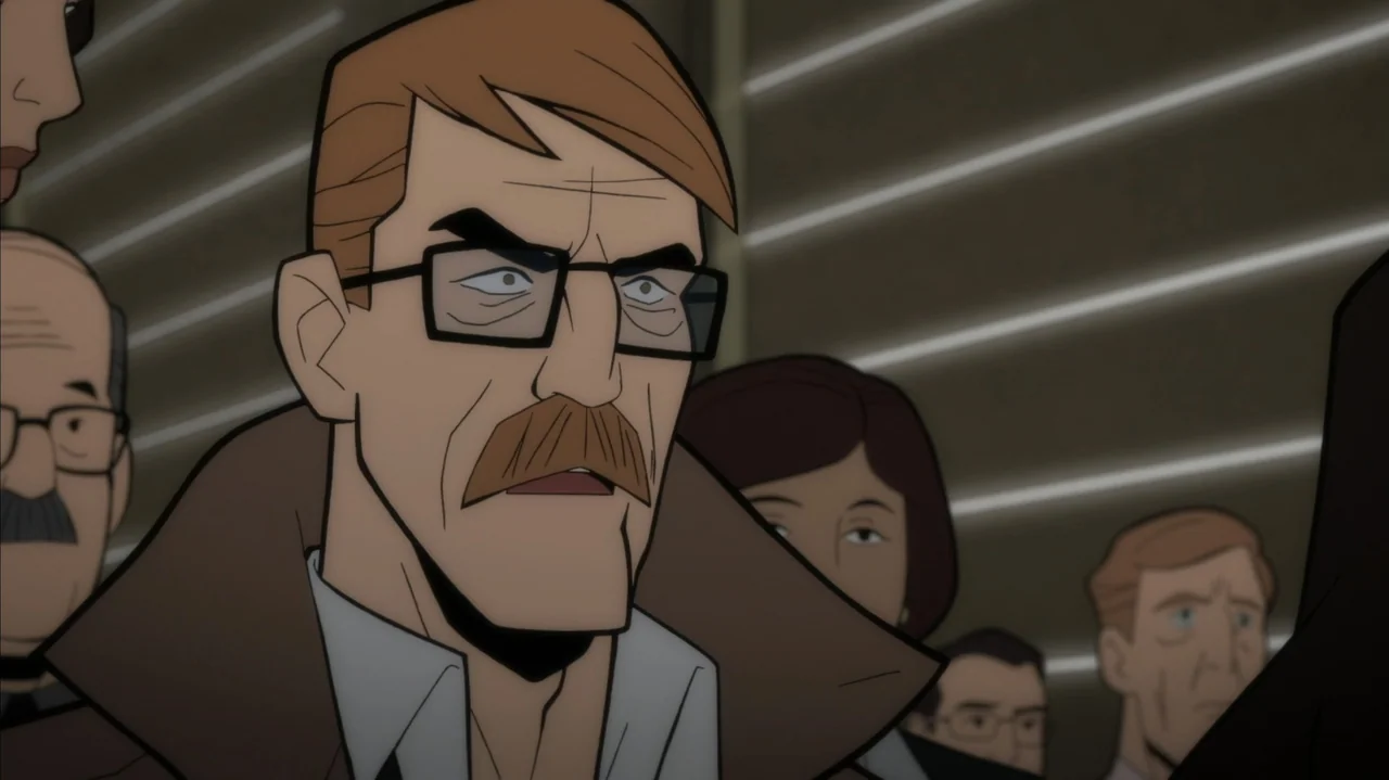 Batman: The Long Halloween, Part Two (2021) movie still: medium — An interior office space features multiple people in professional attire standing…