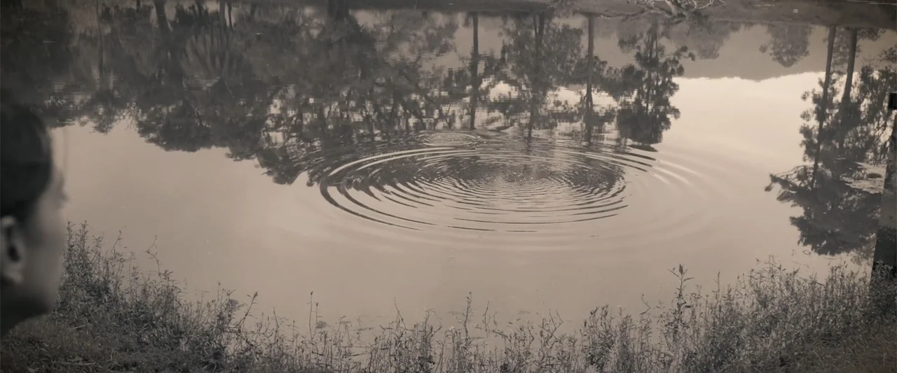 I Trust in You (2016) movie still: medium — A tranquil pond features reflections of trees on its calm, monochromatic surface. A person stands at the…