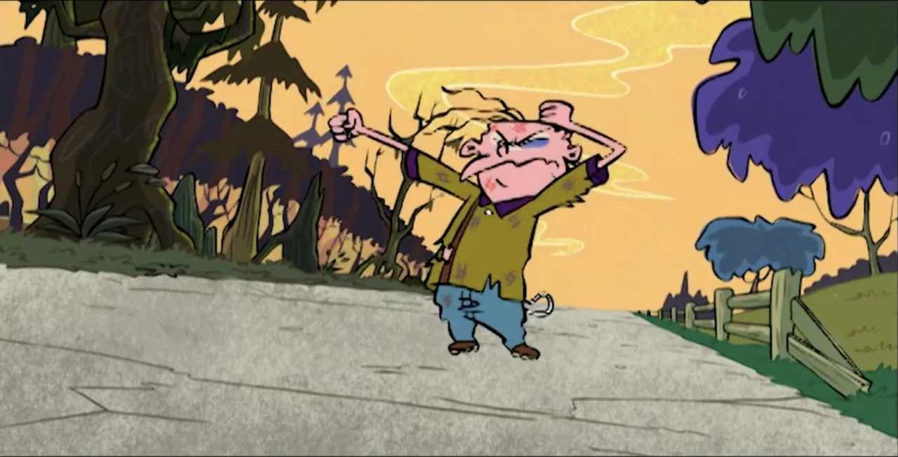Ed, Edd n Eddy's Big Picture Show (2009) movie still: fullbody — A cartoon dirt road passes through a stylized landscape with gnarled trees and…