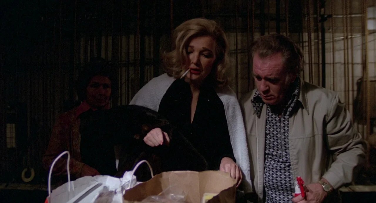 Opening Night (1977) movie still: medium — A dimly lit backstage area features vertical ropes and dark curtains in the background. Three people…