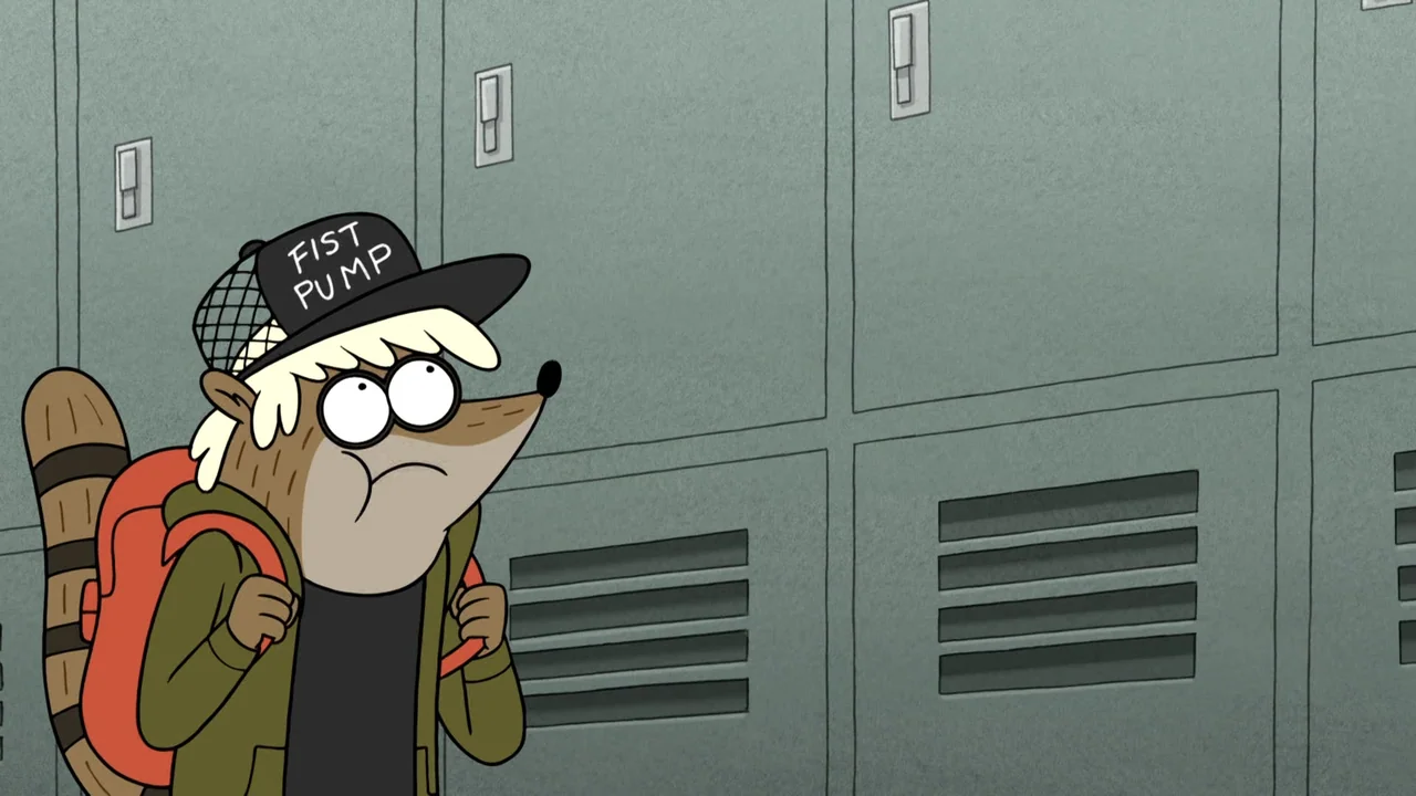 Regular Show: The Movie (2015) movie still: medium — A row of uniform metal school lockers lines a flat-colored interior wall. An animated raccoon…
