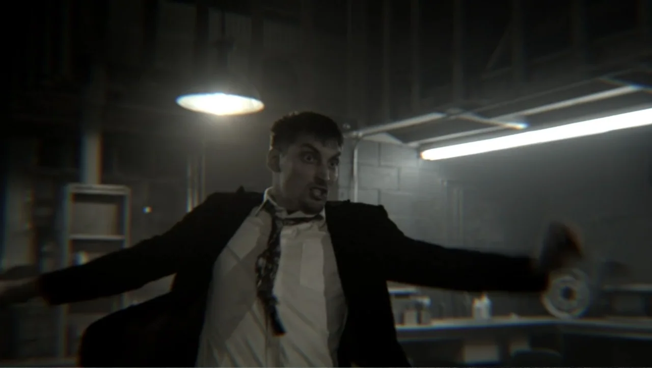 Shadow Master (2022) movie still: medium — A dimly lit industrial basement contains exposed pipes and utilitarian furniture in the background. A man…