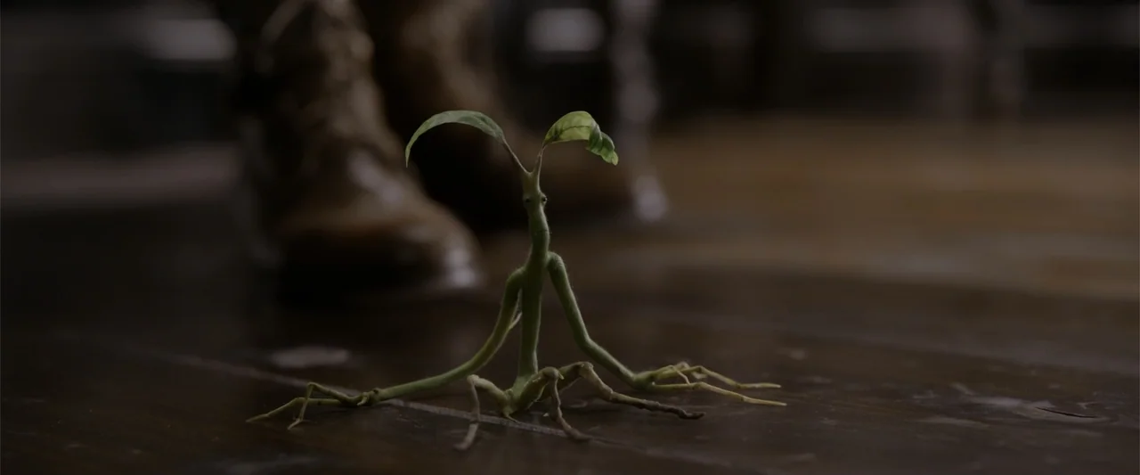 Fantastic Beasts: The Crimes of Grindelwald (2018) movie still: closeup — A small twig-like creature sits on a dark wooden floor in an interior…