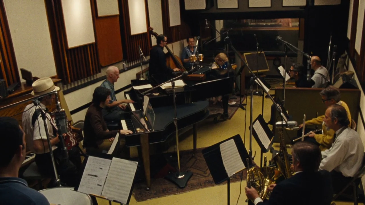 Love & Mercy (2014) movie still: wide — A spacious professional recording studio features acoustic soundproofing tiles mounted on the walls. Ten…