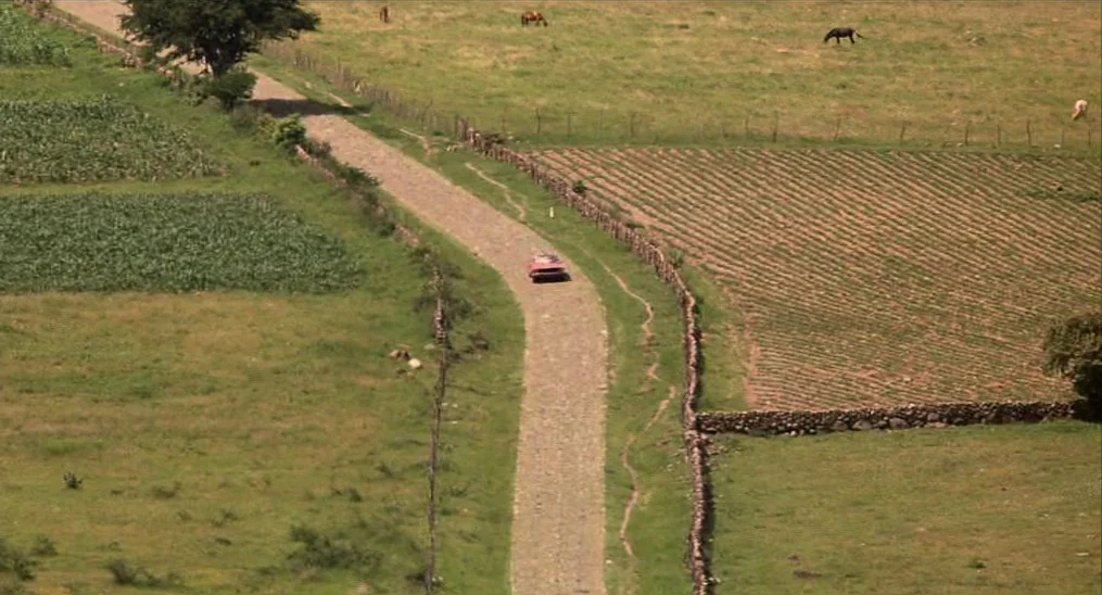 Salvador (1986) movie still: wide — A rural landscape features a stone-paved road cutting through green and brown farm plots. A red car moves slowly…