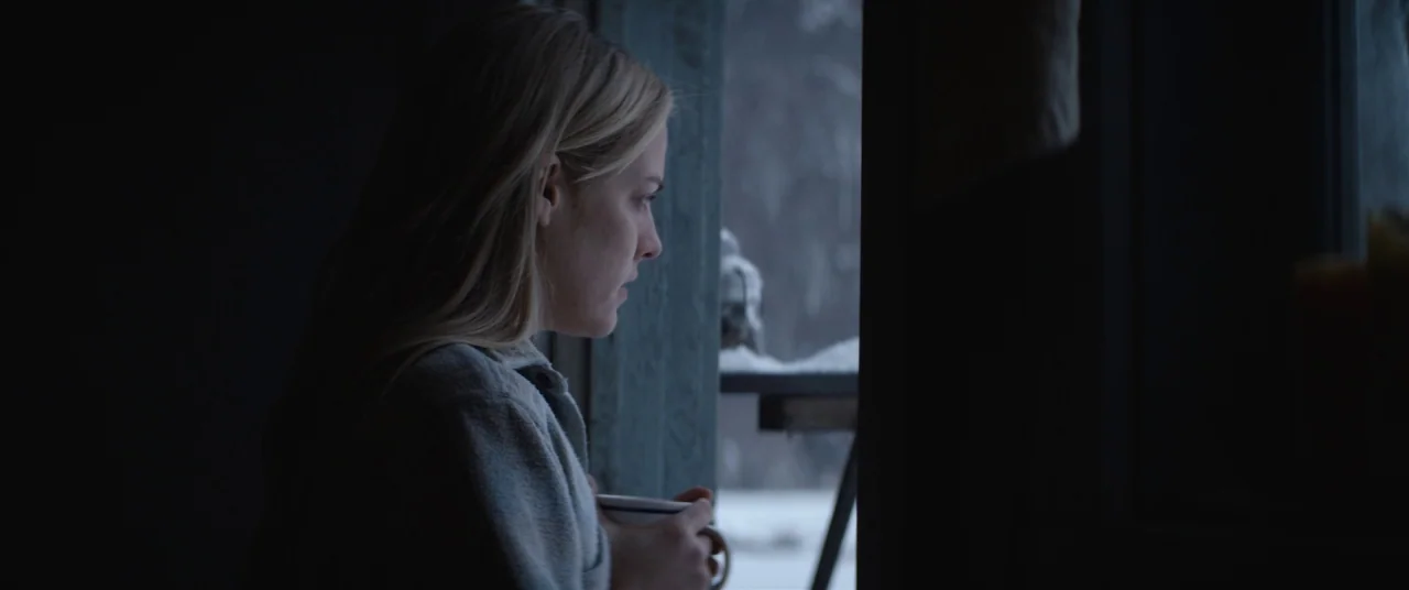 Hold The Dark (2018) movie still: medium — A dimly lit room overlooks a snow-covered exterior through a wooden frame window. A blonde woman holding…