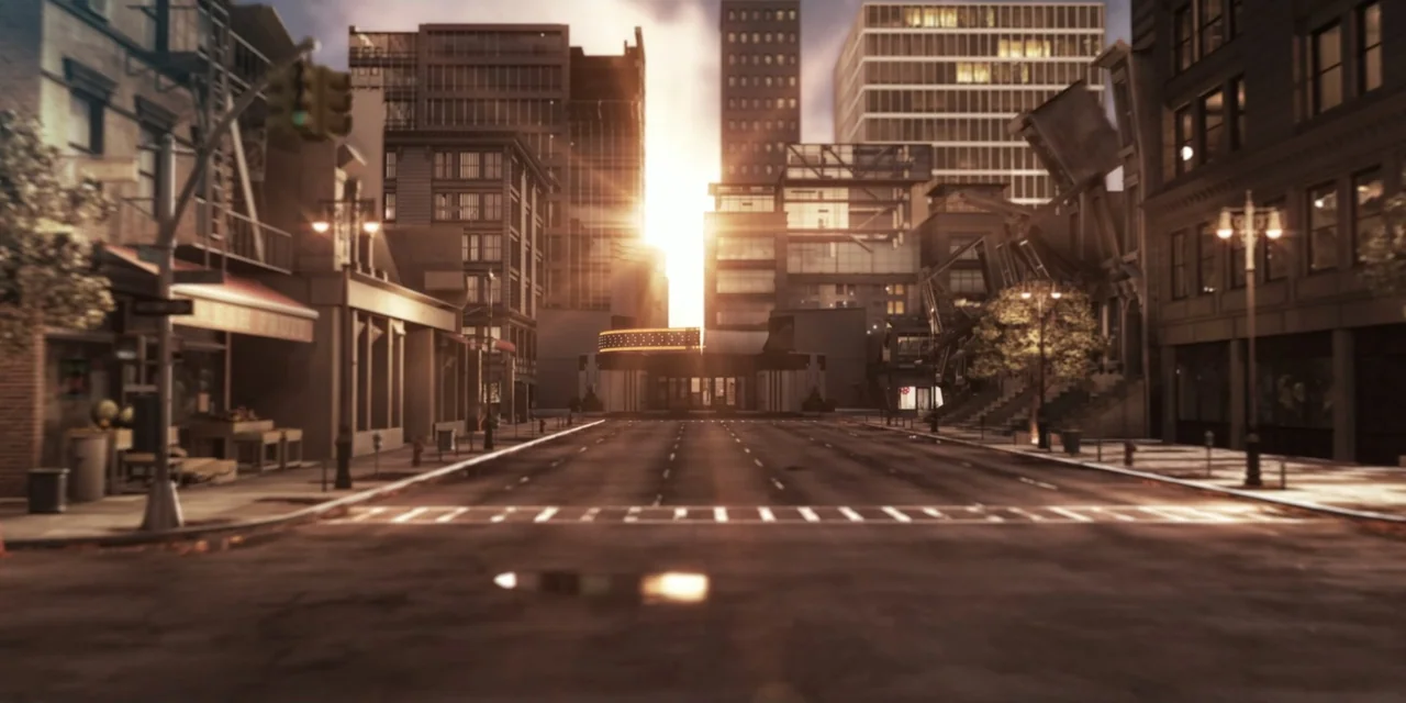 The People We Hate at the Wedding (2022) movie still: establishing — A wide view of an empty city street lined with tall buildings during sunset.…