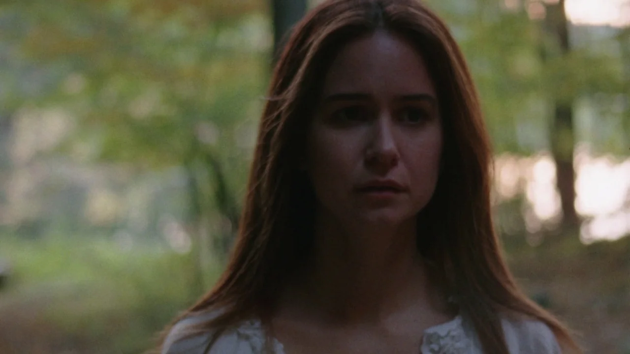 Queen of Earth (2015) movie still: closeup — A woman stands in a densely wooded area with blurred trees in the background. She stands facing…