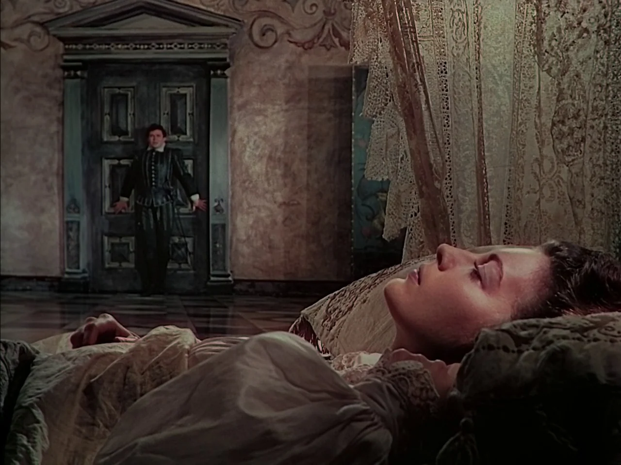 Pandora and the Flying Dutchman (1951) movie still: medium — A stone-walled historical chamber features ornate plaster moldings and a tall, dark…
