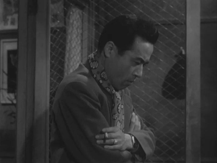 Scandal (1950) movie still: medium — An interior space features a distinctive wire mesh screen separating the foreground and background areas. A man…