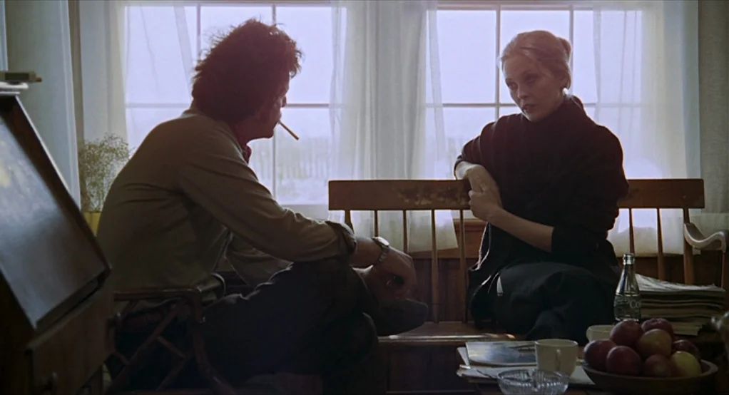 Puzzle of a Downfall Child (1970) movie still: medium — A light-filled interior space with a wooden window bench and sheer white curtains. A man and…