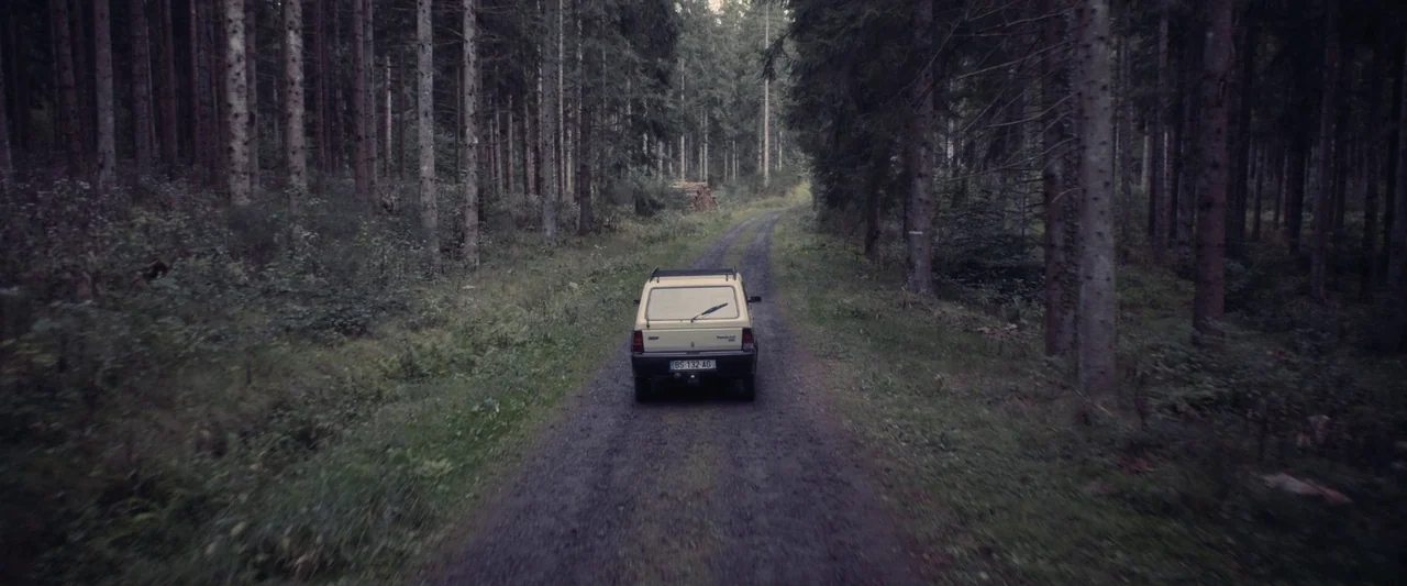 Meanwhile On Earth (2024) movie still: wide — A light-colored hatchback car drives down a gravel road winding through a dense forest. Tall pine…