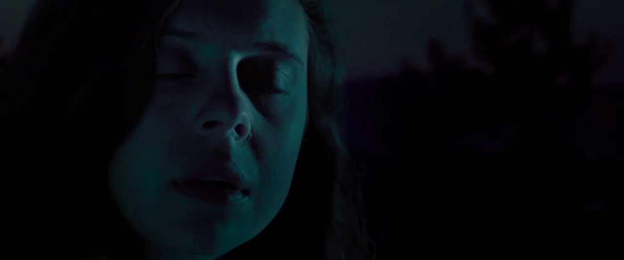 Wildling (2018) movie still: closeup — A dark outdoor setting at night with a shadowed silhouette visible in the background. A young woman keeps her…