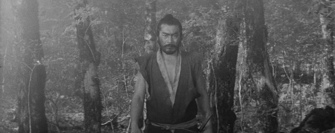 The Hidden Fortress (1958) movie still: medium — A dense woodland with tall trees fills the background and surrounding environment. A man stands at…