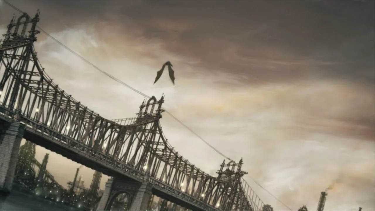 Batman: Gotham Knight (2008) movie still: wide — A massive steel suspension bridge stretches across the lower frame against a cloudy sky. A small…