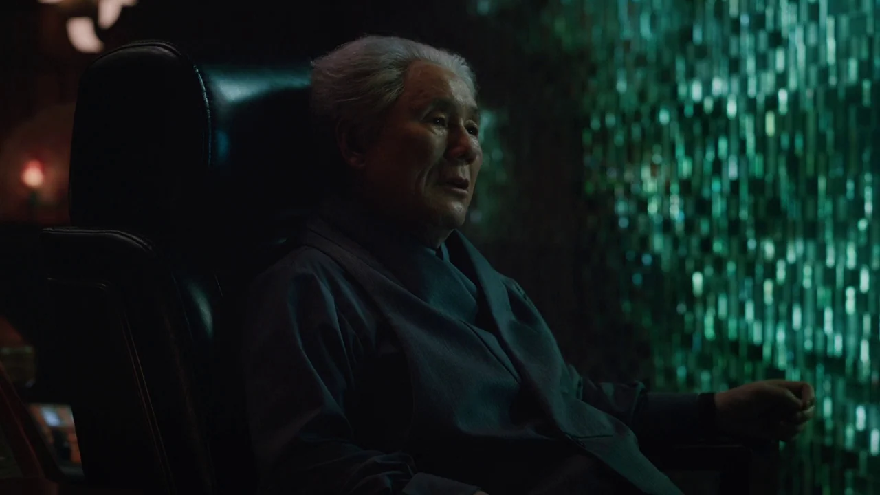 Ghost in the Shell (2017) movie still: medium — A dark, dimly lit room contains a large black leather chair and digital screens. An older man with…
