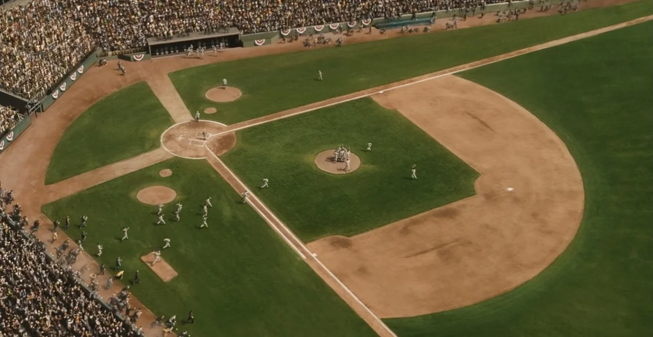 Men in Black 3 (2012) movie still: establishing — A high-angle view of a large, outdoor baseball park filled with spectators. Players in white…