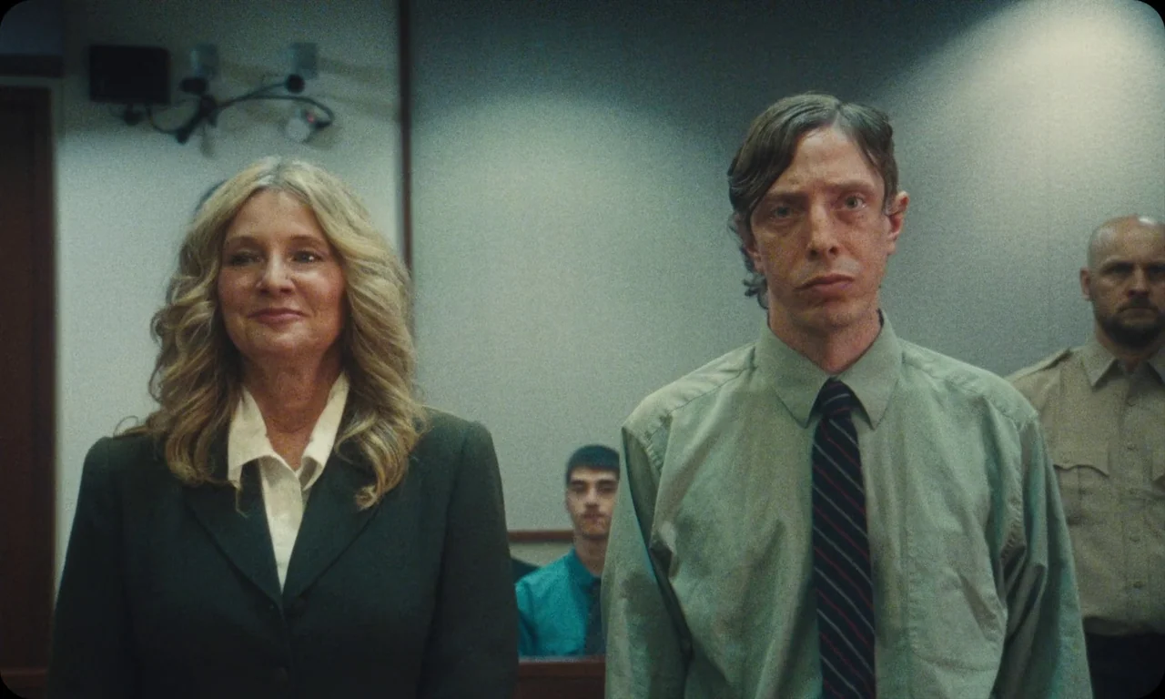 Vulcanizadora (2024) movie still: medium — A sterile room features acoustic wall panels and fluorescent lights overhead. Four individuals stand in a…