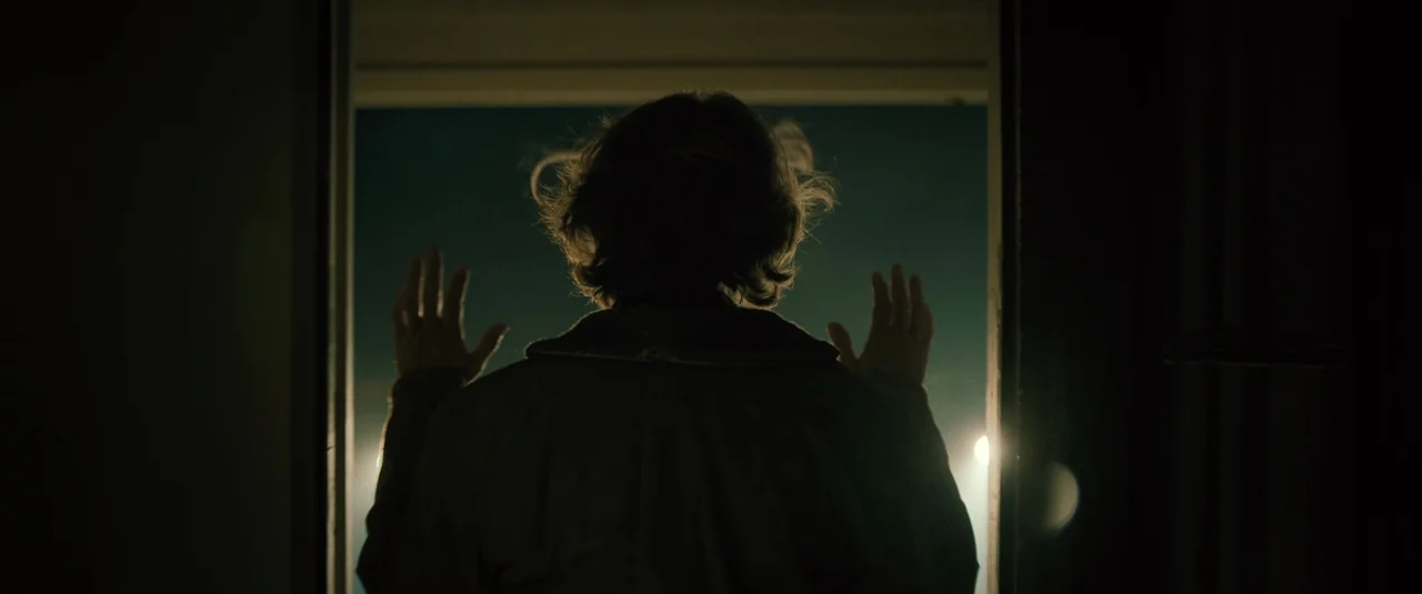 Boston Strangler (2023) movie still: medium — A dimly lit room with a person standing before a dark glass opening. The subject is silhouetted…