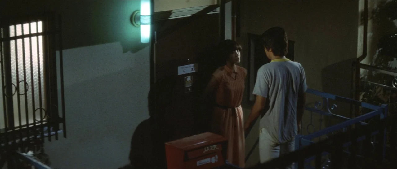 Take Me Away! (1978) movie still: fullbody — An outdoor apartment landing at night with metal railings and a mounted fluorescent light. A man…