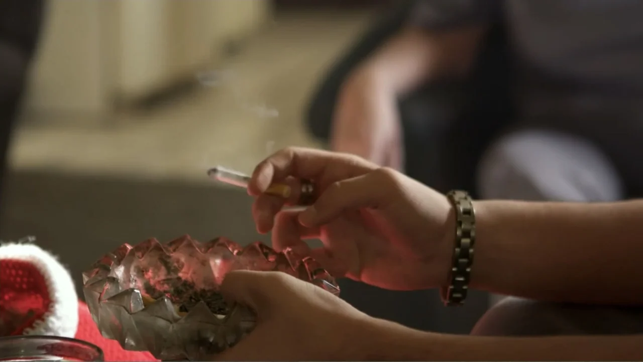 Rich Hill (2014) movie still: closeup — A close-up view shows a hand holding a cigarette over a decorative glass ashtray. The person wears a…
