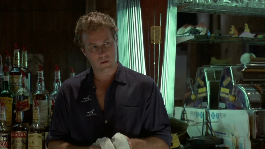 After Hours (1985) movie still: medium — A dimly lit bar with rows of liquor bottles and a cash register. A man stands behind the counter wiping a…