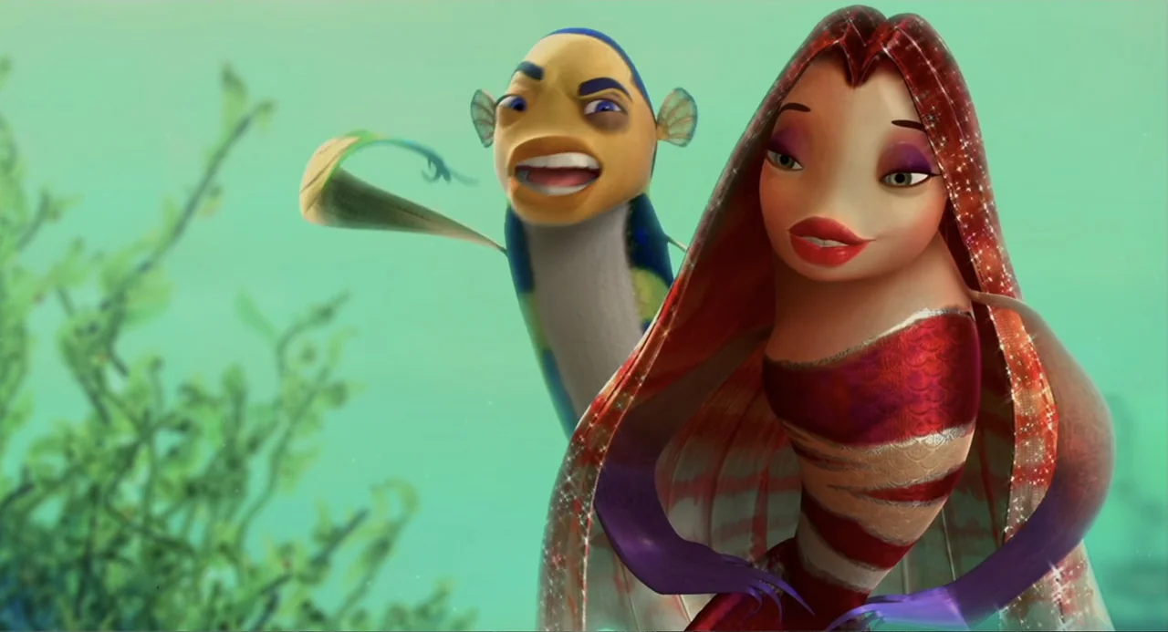 Shark Tale (2004) movie still: medium — An underwater environment filled with soft green light and submerged aquatic plant life. Two stylized fish…