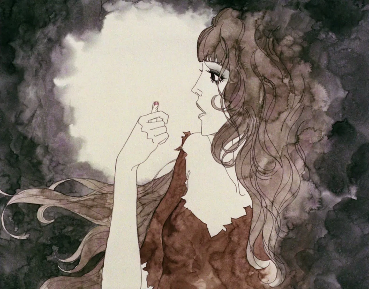 Belladonna of Sadness (1973) movie still: medium — The background consists of abstract watercolor brushwork in shades of dark brown and black. A…