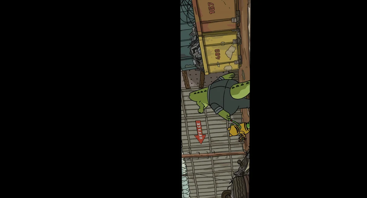 Robot Dreams (2023) movie still: fullbody — An industrial lot filled with stacked crates and scrap metal behind a chain-link fence. A bipedal green…