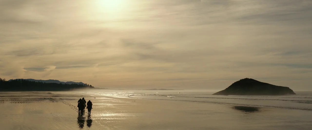 War for the Planet of the Apes (2017) movie still: wide — A wide beach at low tide features wet sand reflecting the pale sky. A small group of…