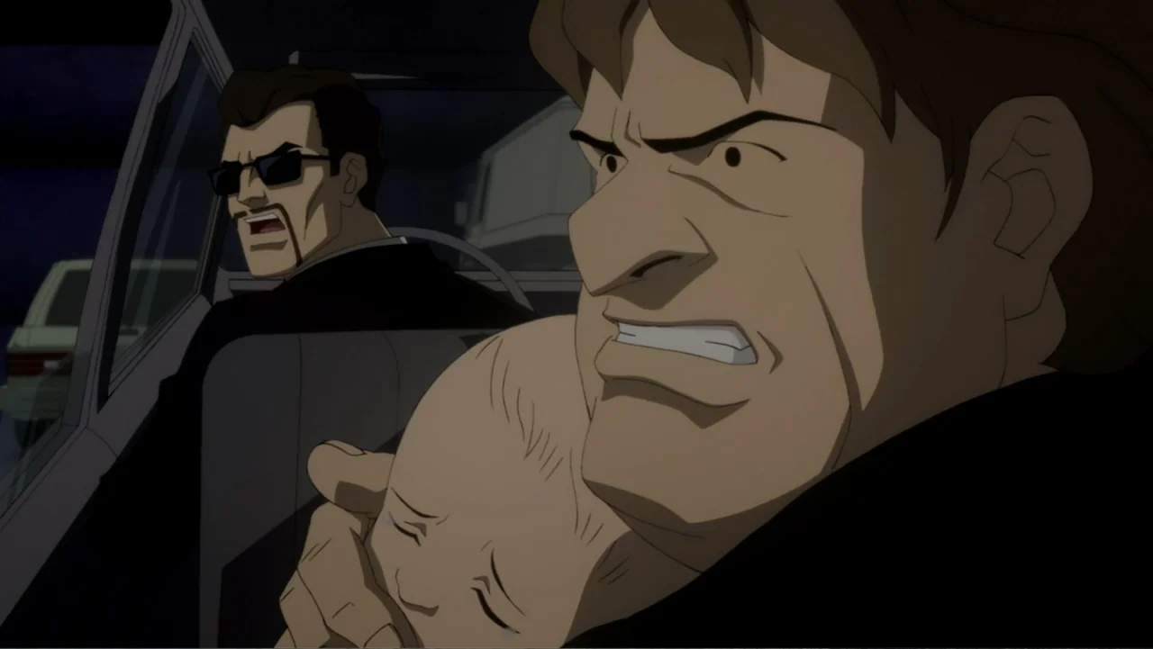 Batman: Year One (2011) movie still: medium — The interior of a car at night with a man holding a baby. The driver wears sunglasses and looks toward…