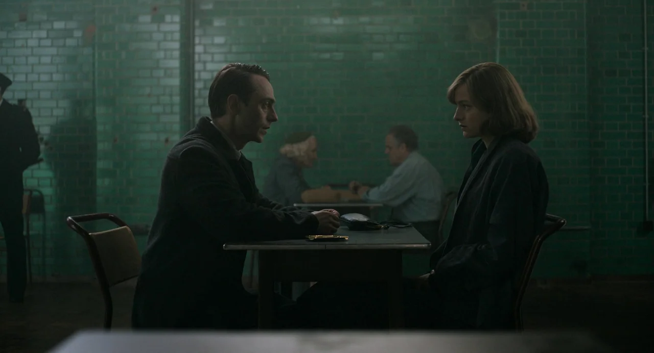 My Policeman (2022) movie still: medium — A spartan visitation room with green tiled walls and rows of metal tables. A man and a woman sit at a…