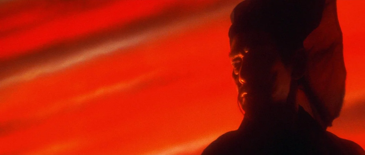 The Bride With White Hair (1993) movie still: closeup — A man in traditional attire stands against a bright, hazy red sky. The silhouette of his…