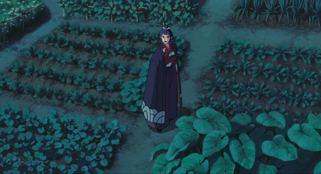 Princess Mononoke (1997) movie still: wide — A rural vegetable garden at night with neat rows of low-lying plants. A woman in traditional attire…