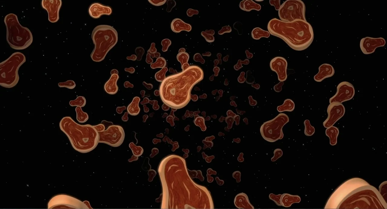 Madagascar (2005) movie still: establishing — A collection of stylized raw steak cuts float in a black empty void. The meat pieces are dispersed in…
