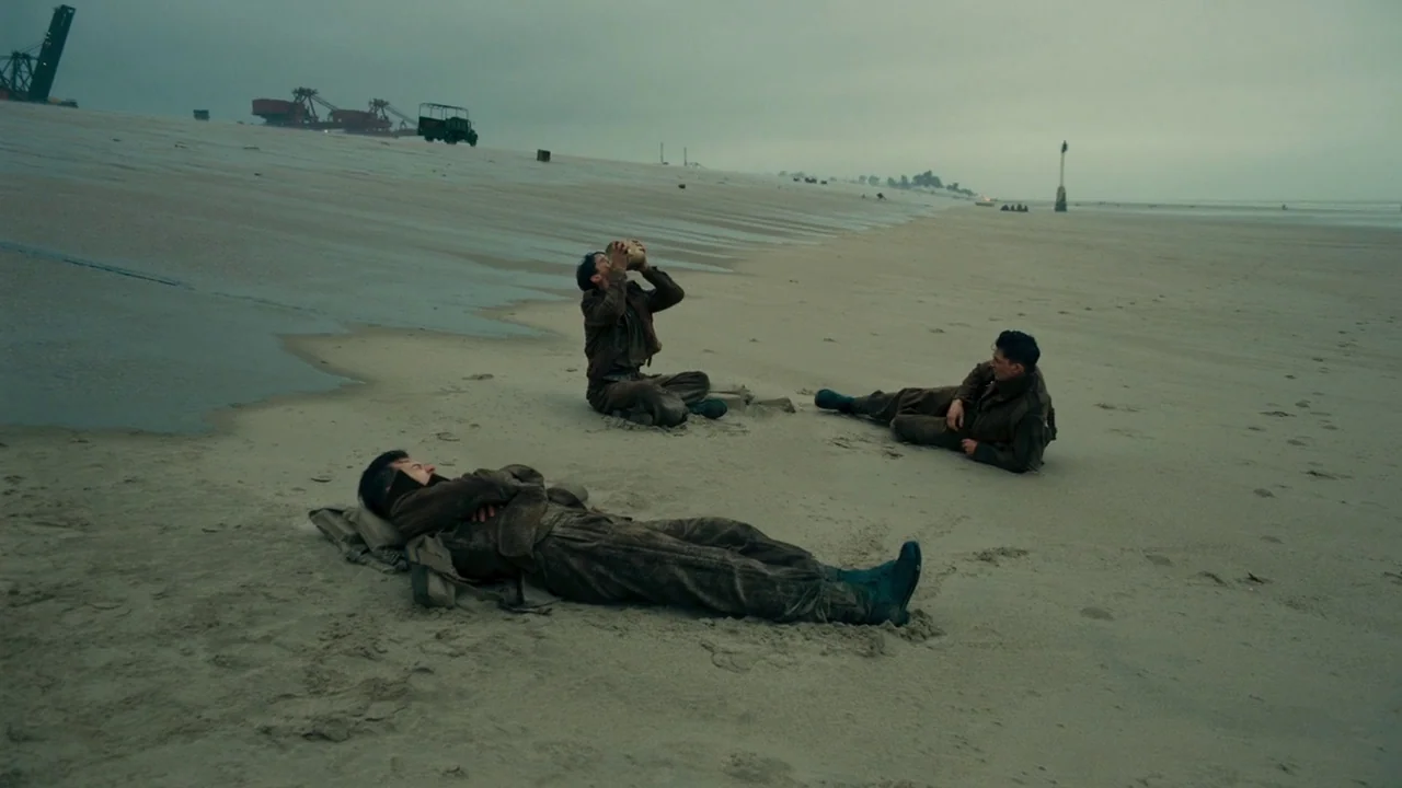 Dunkirk (2017) movie still: wide — A vast, empty beach under a heavy, overcast sky meets a calm sea. Three soldiers in military fatigues rest on the…