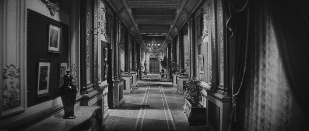 Last Year at Marienbad (1961) movie still: establishing — A long, symmetrical mansion hallway features ornate paneling and an intricate carpet…