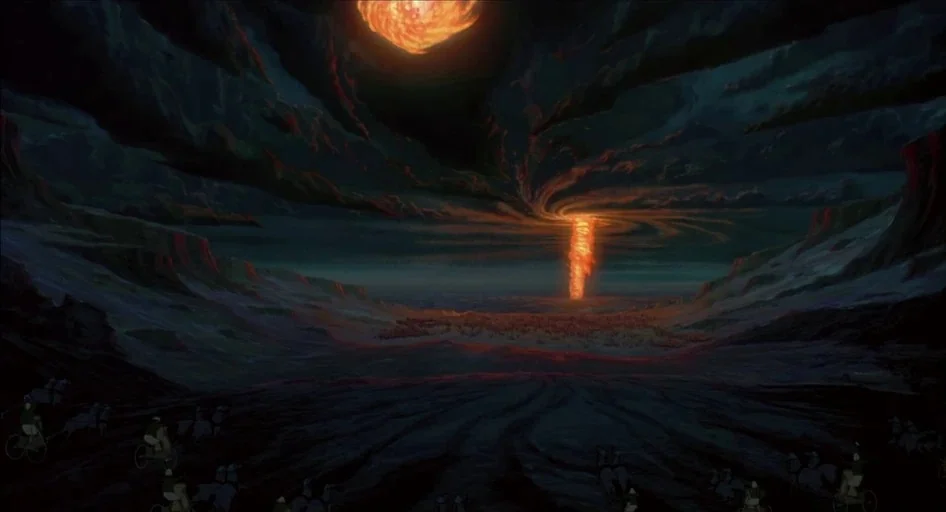 The Prince of Egypt (1998) movie still: establishing — A vast, dark volcanic landscape is illuminated by a swirling sky and fiery vortex. Small…